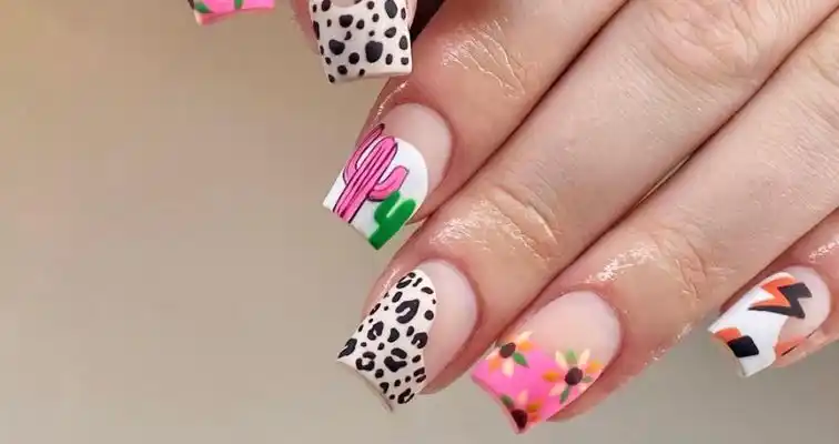 Short square nails with mixed western nail art.