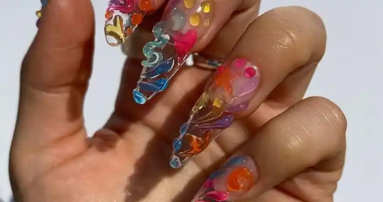 Cute gel nails with colorful 3D glue gel art.