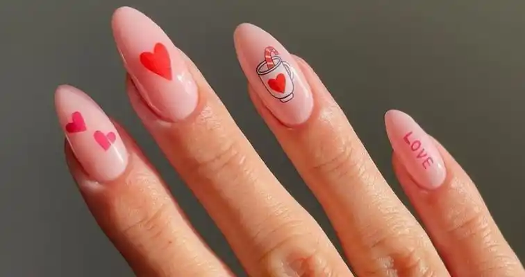 Valentine’s Day nails with cute red nail art. 