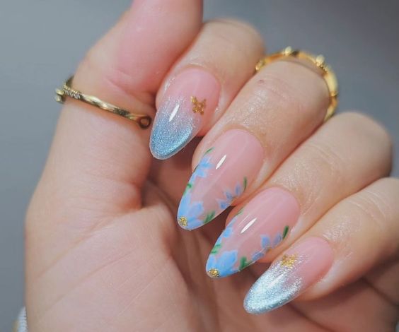 Blue Flowers Almond Nail Shape