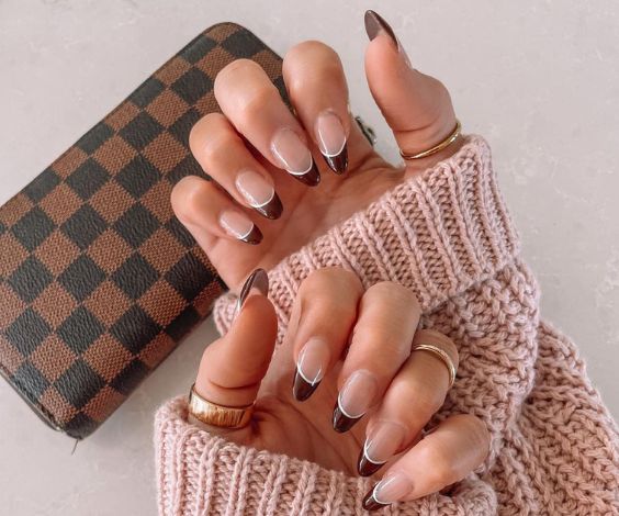 Double French tips for November with white and chocolate nail colors. 