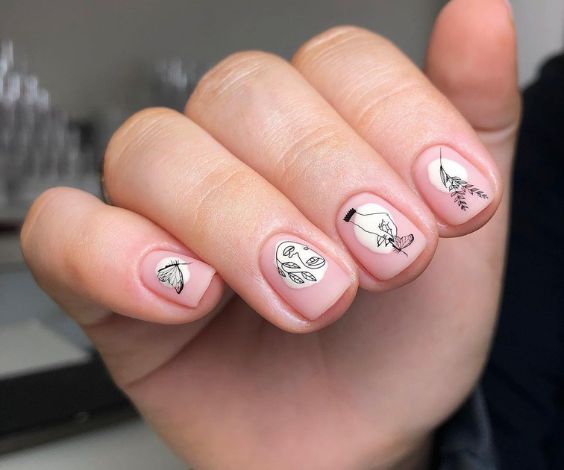 Simple white abstract nails with sticker nail art