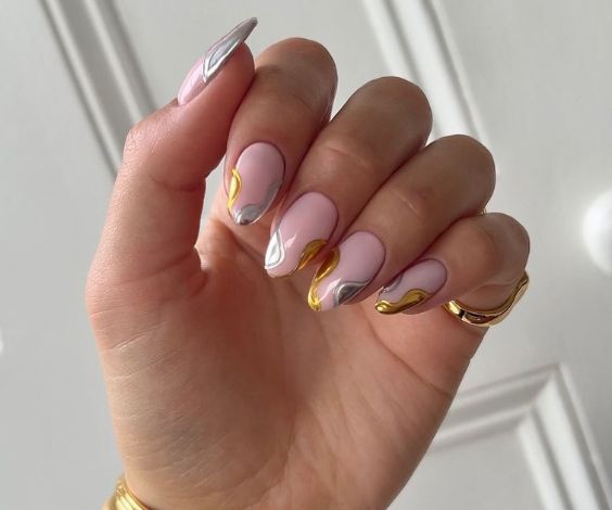 Gold and Silver 3D nail art for almond nails