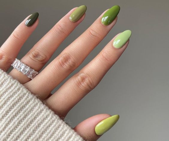 Green Monochrome Fall Almond Nails