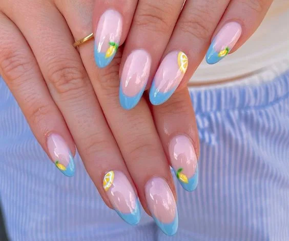  Lemon and Blues Almond Nails