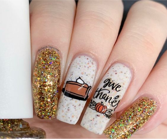 White and gold glitter art for long nails