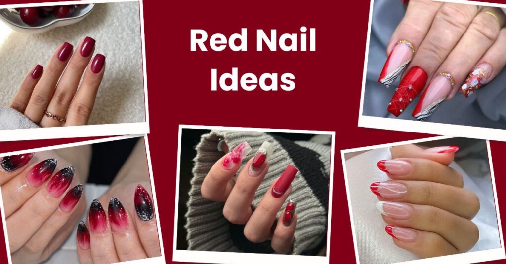 red nail designs, including minimalistic, embellished, and gradient styles.