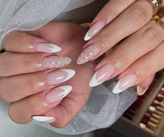 White Crystal Almond Nails