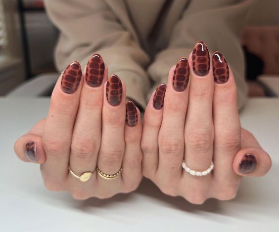 Short brown nails for November with reptile nail art. 