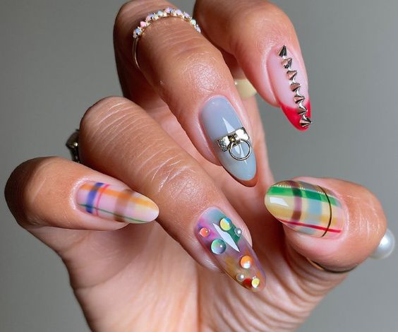 Plaid nails with colorful mix-match designs