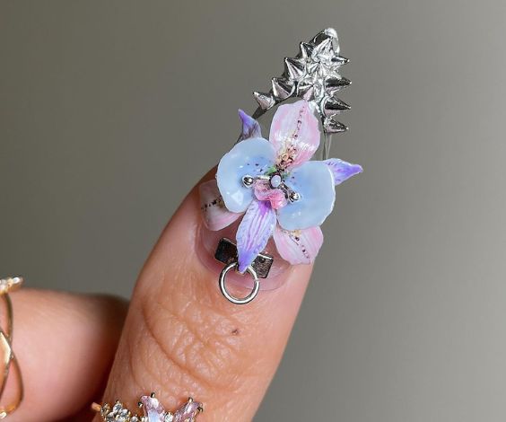 Edgy 3D nail art with dried flower art