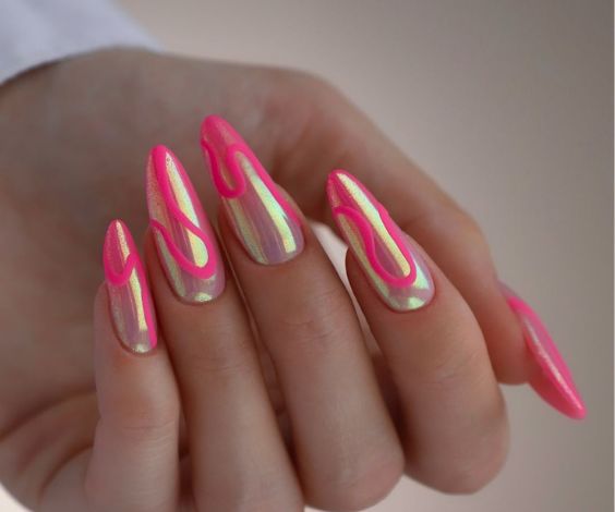 Hot pink swirling patterns on chrome nails