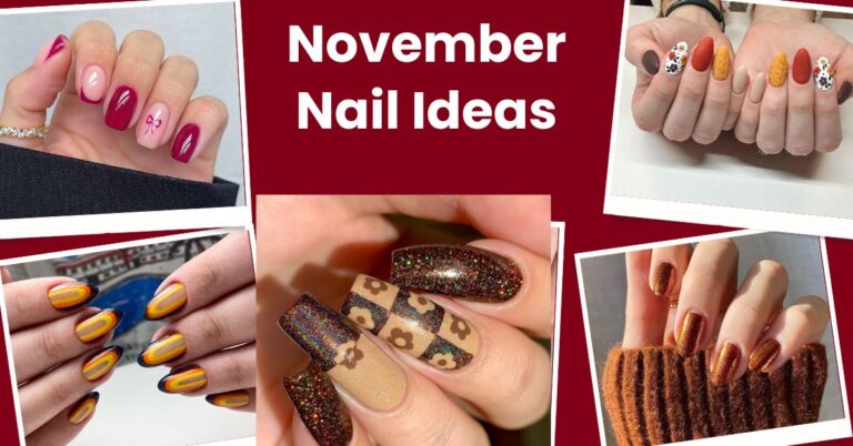 November nail art ideas with fall-themed designs in pink, magenta, brown, and orange, featuring bows, ombre, glitter, floral, and knitted patterns.