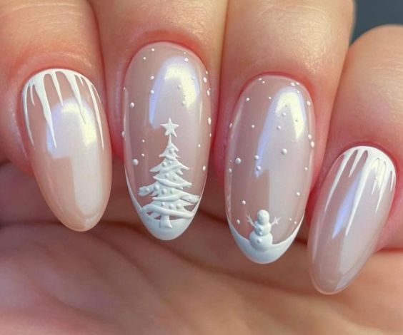 Winter tree and snowman dip nails for a holiday-inspired look